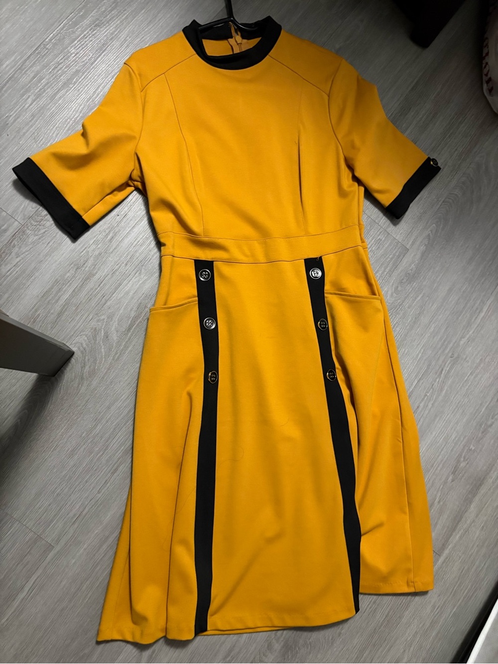 New York & Company Mustard Yellow Midi Dress with Black Trim